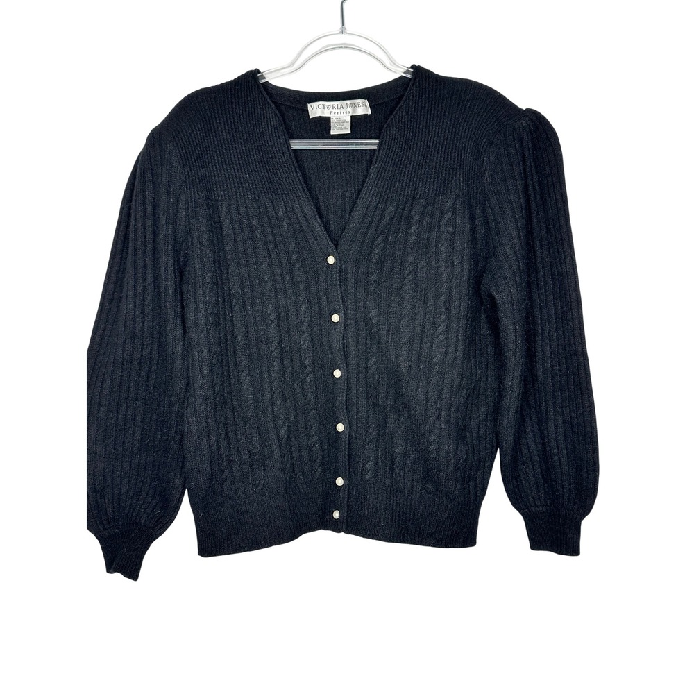 Victoria Jones Cardigan Sweater PL Black Lambswool Angora Vintage V-Neck Cozy